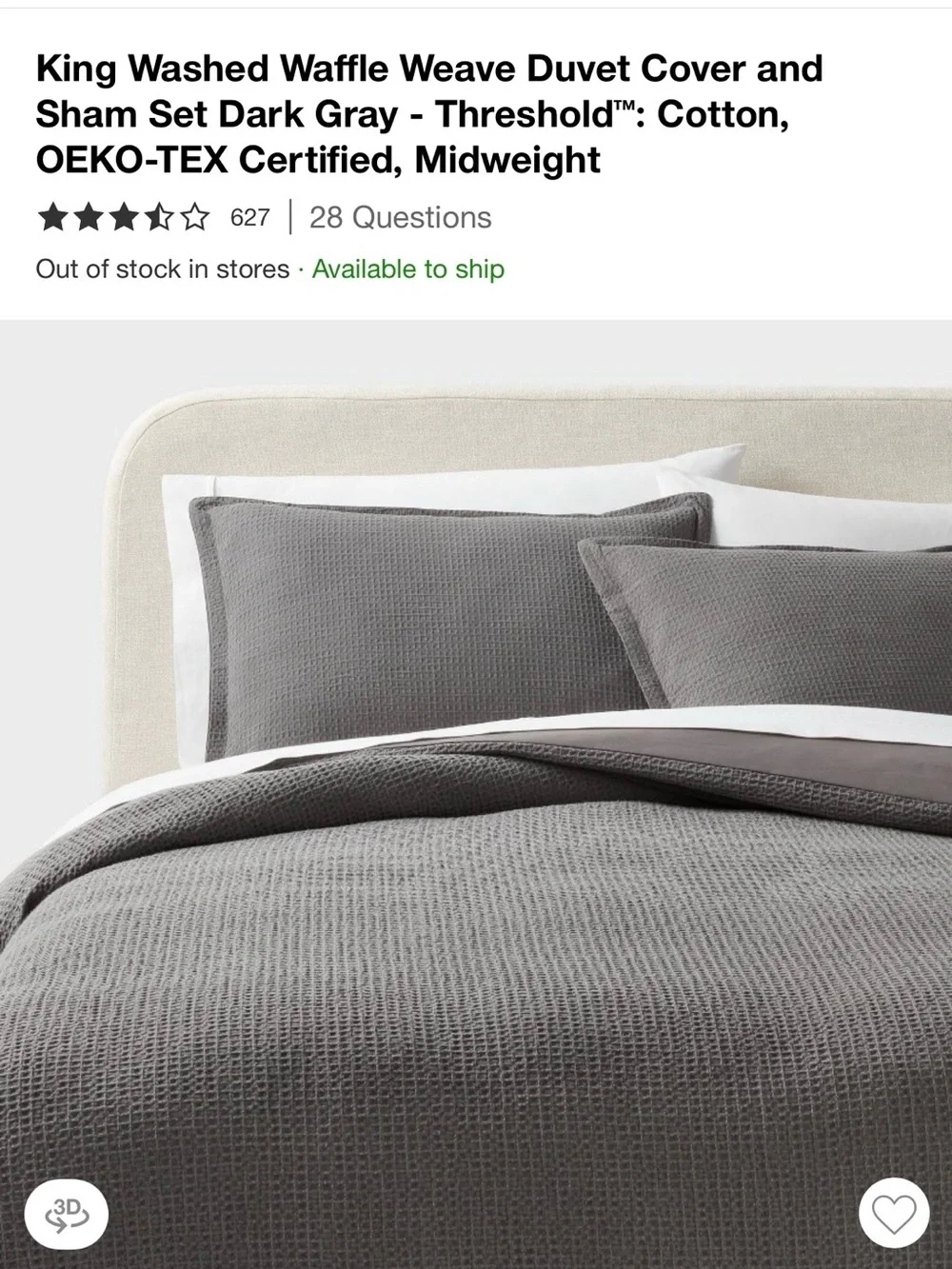 King size Gray Waffle Duvet Cover with 2 Shams